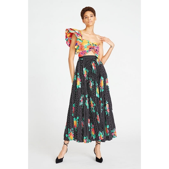 Amur Cleopatra Patchwork Floral Cut Out Pleated Ruffle Midi Dress - Picture 1 of 5